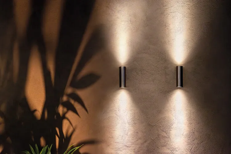 Two warm lights illuminate a wall, casting a soft glow in front of a lush green plant, creating a serene atmosphere.