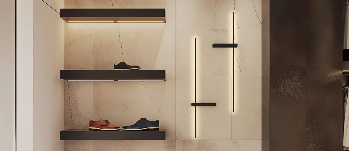 Modern closet with LED lighting highlighting two shelves of shoes on a marble background.