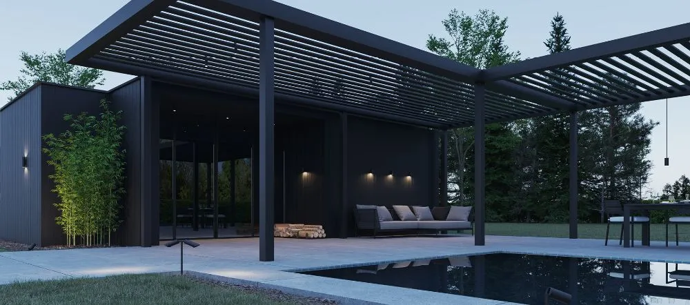 Modern house with outdoor pergola and pool at dusk.